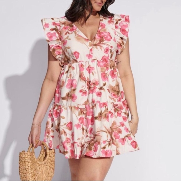 ABERCROMBIE & FITCH Pink Floral Ruffle V-Neck Mini Dress S - Picture 1 of 11